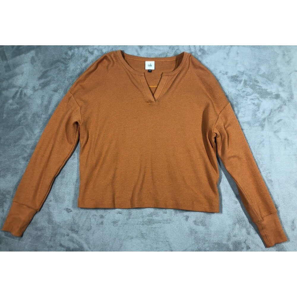 Cabi Waffle Tee Copper Orange Size Small V-Neck Long Sleeve Cropped Style #4369
